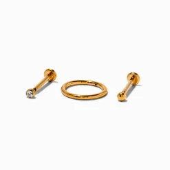 Boucles d'oreilles pour piercing de cartilage non filetées 1,0 mm en zircon cubique et titane couleur dorée - Lot de 3