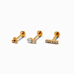 Boucles d'oreilles pour piercing de cartilage non filetées clou de 1,0 mm en zircon cubique et titane couleur dorée - Lot de 3