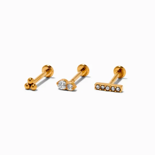 Boucles d'oreilles pour piercing de cartilage non filetées clou de 1,0 mm en zircon cubique et titane couleur dorée - Lot de 3