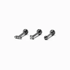Boucles d'oreilles pour piercing tragus non filetées 1,0 mm en zircon cubique et titane couleur argentée - Lot de 3