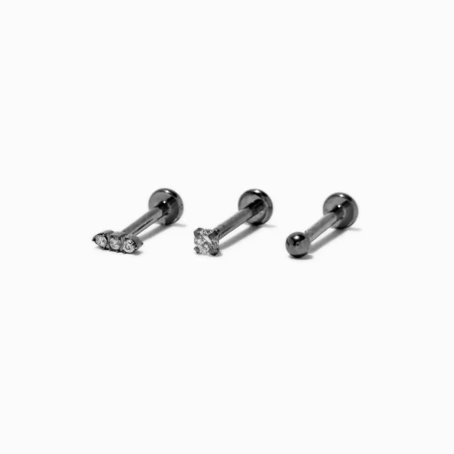 Boucles d'oreilles pour piercing tragus non filetées 1,0 mm en zircon cubique et titane couleur argentée - Lot de 3