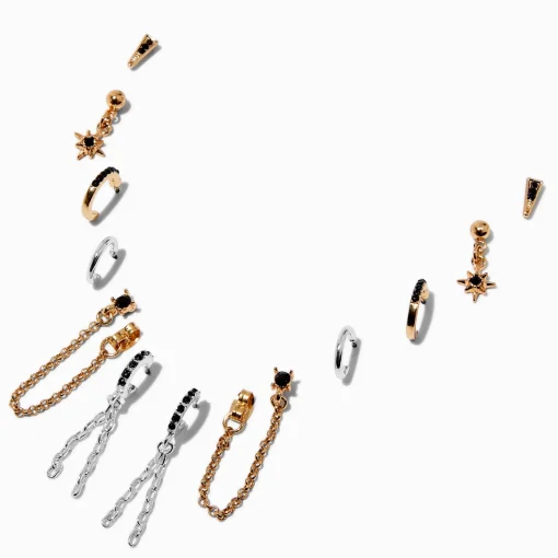 Boucles d'oreilles reliées strass noir en métaux mixtes - Lot de 6