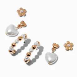 Boucles d'oreilles superposables cœur perles d'imitation couleur dorée - Lot de 3