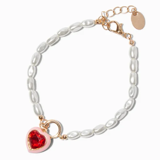 Bracelet breloque cœur rouge et perle d'imitation