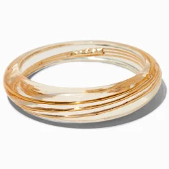 Bracelet fin bangle en acrylique transparent enveloppant fil métallique couleur dorée