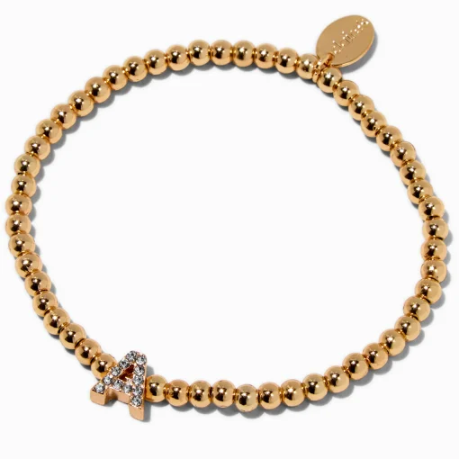 Bracelet élastique à initiale pavé perlé couleur dorée - A