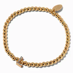 Bracelet élastique à initiale pavé perlé couleur dorée - L