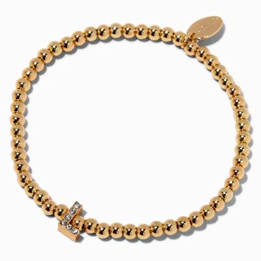 Bracelet élastique à initiale pavé perlé couleur dorée - L