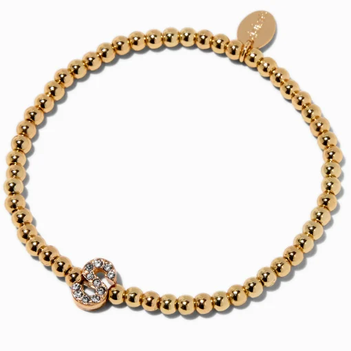 Bracelet élastique à initiale pavé perlé couleur dorée - S