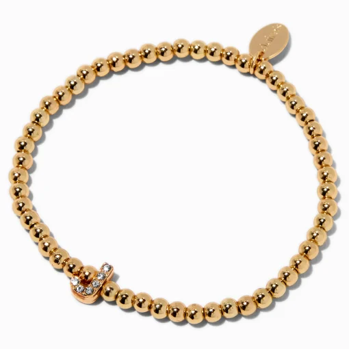 Bracelet élastique à initiale pavé perlé couleur dorée - J