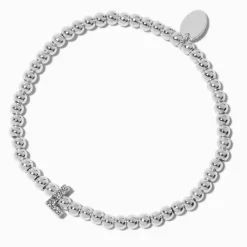 Bracelet élastique à initiale strass en pavé couleur argentée - L