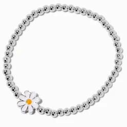 Bracelet élastique en perles de rocaille couleur argentée breloque marguerite