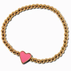 Bracelet élastique en perles de rocaille couleur dorée breloque cœur rose
