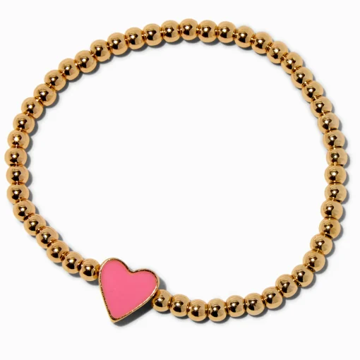 Bracelet élastique en perles de rocaille couleur dorée breloque cœur rose