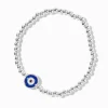 Bracelet élastique perlé à billes sphériques mauvais œil couleur argentée