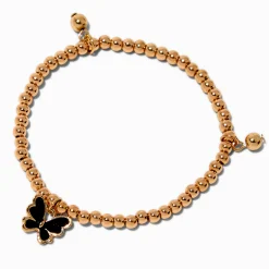 Bracelet élastique perlé couleur dorée et papillon émaillé noir