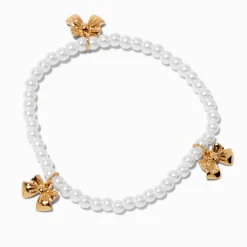 Bracelet élastique perlé perles d'imitation et nœud couleur dorée