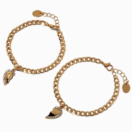 Bracelets à breloques cœur chaîne à maillons gourmette couleur dorée - Lot de 2