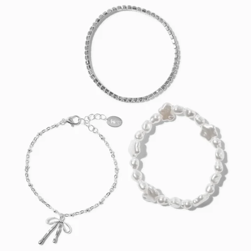 Bracelets de chaîne en strass avec nœud perle d'imitation couleur argentée - Lot de 3