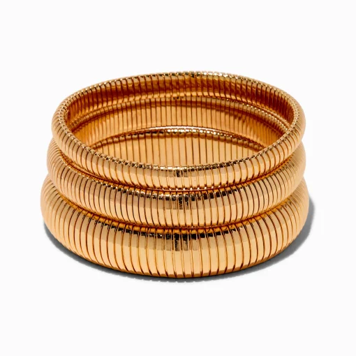 Bracelets fins bangle superposables nervurés couleur dorée - Lot de 3