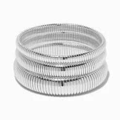 Bracelets fins bangle superposables nervurés couleur argentée - Lot de 3