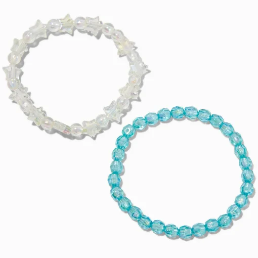 Bracelets élastiques perlés avec billes bleues et étoiles iridescentes - Lot de 2