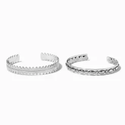 Bracelets manchettes texturés western couleur argentée - Lot de 3