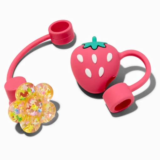 Capuchons pour pailles fleur jaune et fraise - Lot de 2