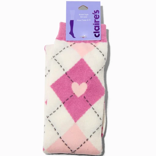 Chaussettes montantes à motif argyle cœur roses - 1 paire