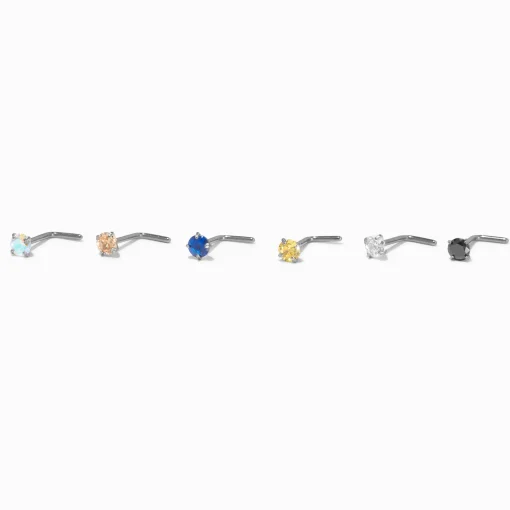 Clous de nez avec zircon cubique coloré 0,8 mm en titane couleur argentée - Lot de 6