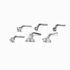 Clous de nez 0,8 mm bling-bling aux designs variés en zircon cubique et acier inoxydable couleur argentée - Lot de 6