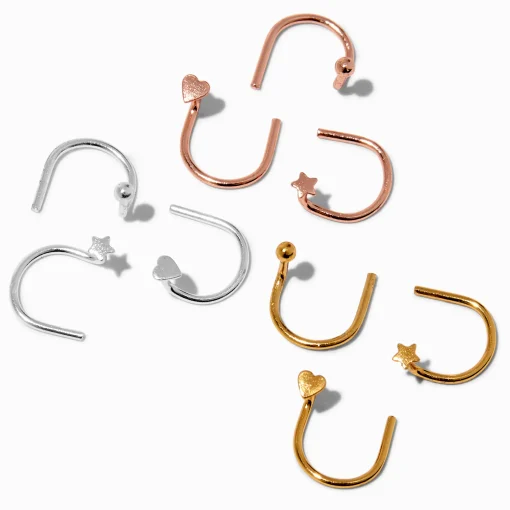 Clous de nez 0,6 mm en forme de U avec motifs boules, cœurs, étoiles en couleur argentée et métaux mixtes - Lot de 9