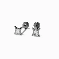 Clous d’oreilles à arrière plat étoile rayonnante en zircon cubique titane couleur argentée C LUXE by Claire’s