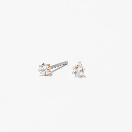Clous d’oreilles carrés avec strass en zircon cubique d’imitation couleur doré rose - 2 mm