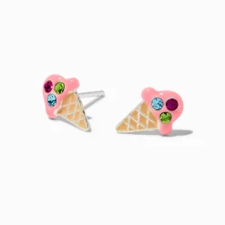 Clous d’oreilles cornet de glace en strass couleur argentée