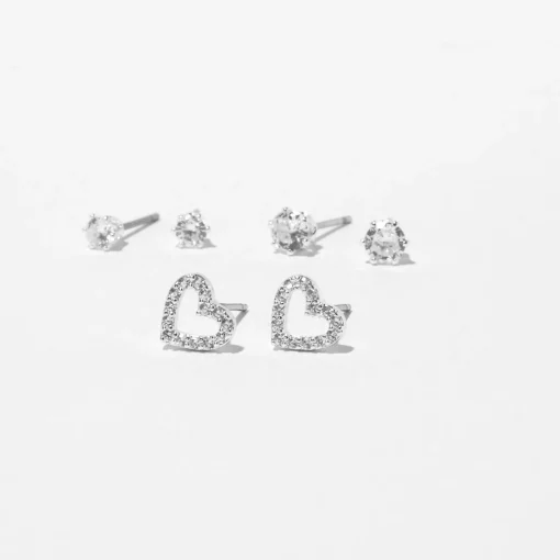 Clous d’oreilles cœur en zircon cubique d’imitation couleur argentée - Lot de 3