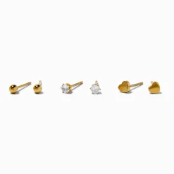Clous d’oreilles cœur en zircon cubique et acier inoxydable couleur dorée - Lot de 3