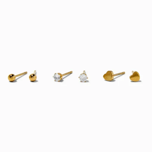 Clous d’oreilles cœur en zircon cubique et acier inoxydable couleur dorée - Lot de 3