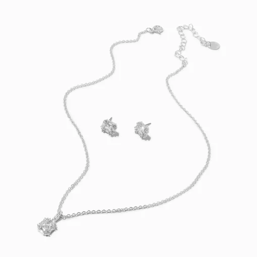 Clous d’oreilles et collier à pendentif carré auréole en zircon cubique couleur argentée - Lot de 2