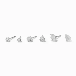 Clous d’oreilles goutte et forme ronde en zircon cubique couleur argentée - Lot de 3
