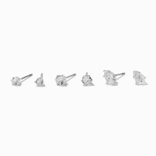 Clous d’oreilles goutte et forme ronde en zircon cubique couleur argentée - Lot de 3