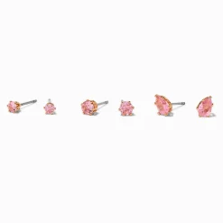 Clous d’oreilles goutte et forme ronde en zircon cubique rose couleur dorée - Lot de 3