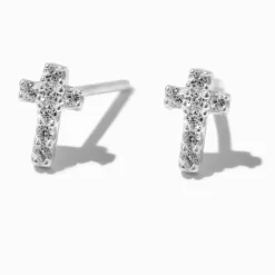 Clous d’oreilles mini croix en zircon cubique couleur argentée C LUXE by Claire’s