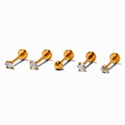 Clous d’oreilles pour piercing au cartilage non filetés 0,8 mm zircon cubique et acier inoxydable couleur dorée - Lot de 5