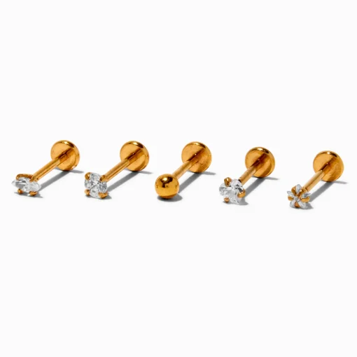 Clous d’oreilles pour piercing au cartilage non filetés 0,8 mm zircon cubique et acier inoxydable couleur dorée - Lot de 5