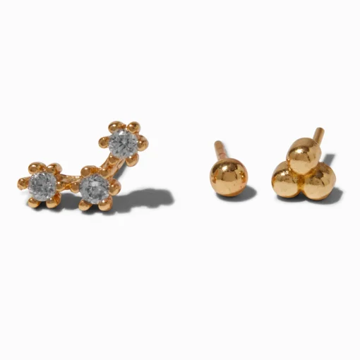 Clous d’oreilles pour piercing au cartilage non filetés 0,8 mm zircon cubique et acier inoxydable couleur dorée - Lot de 3
