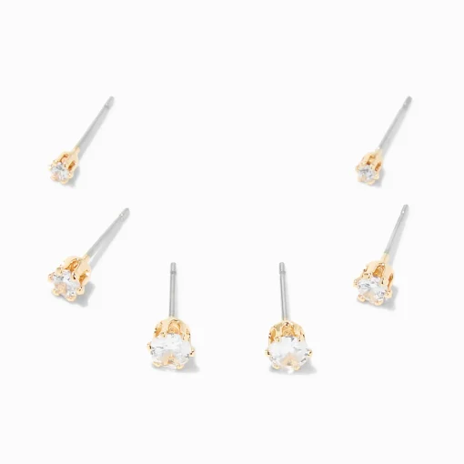 Clous d’oreilles ronds avec strass en zircon cubique d’imitation couleur dorée - 2 mm, 3 mm, 4 mm