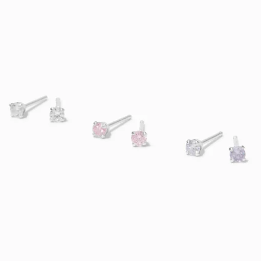 Clous d’oreilles ronds 4 mm transparents/roses/lavande en zircon cubique et argent C LUXE by Claire’s - Lot de 3