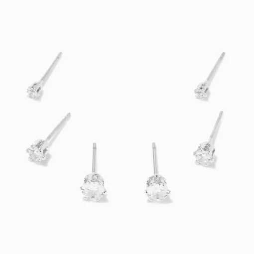 Clous d’oreilles ronds ornés en zircon cubique d’imitation couleur argentée - 2 mm, 3 mm, 4 mm