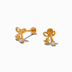 Clous d'oreilles à arrière plat nœud et zircon cubique en titane couleur dorée